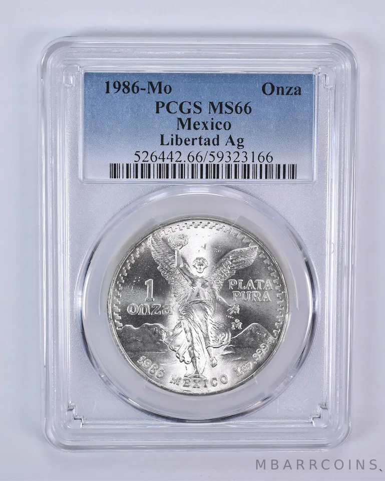 1986 Mo Mexico 1 Onza Silver Libertad MS66 PCGS Blue Label