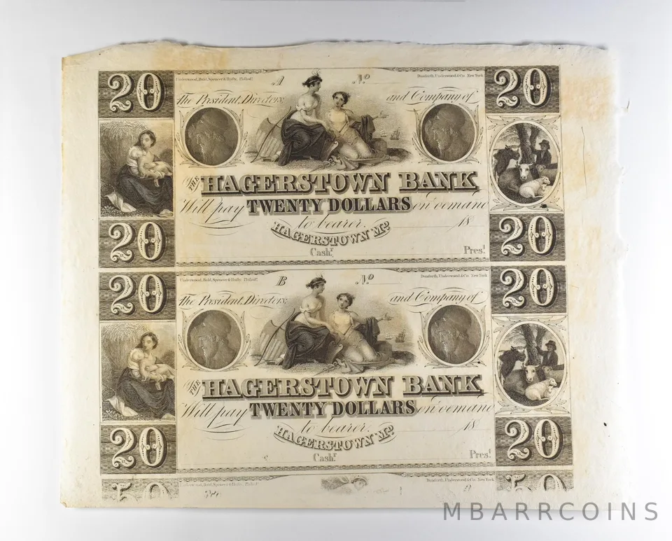 Lot (2) 1800s $20 Hagerstown MD Bank Obsolete Note Uncut *8693