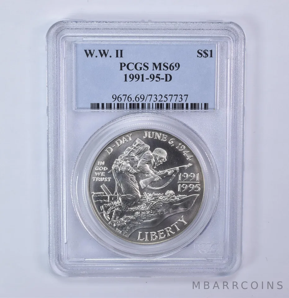 1991-95-D World War II Commemorative Silver Dollar MS69 PCGS
