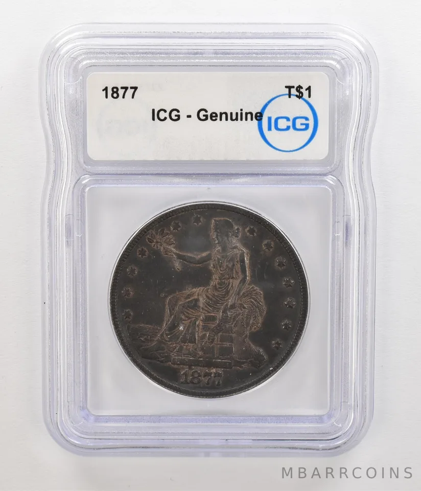 1877 Seated Liberty Trade Dollar Genuine ICG Nice Tone a5490