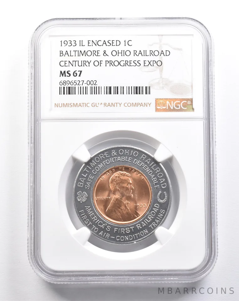 1933 IL Encased Lincoln Wheat Cent B&O Railroad Century Expo MS67 NGC *4869
