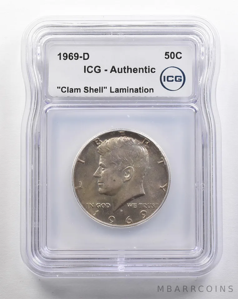 1969-D Kennedy Half Dollar Clam Shell Lamination Authentic ICG *4347