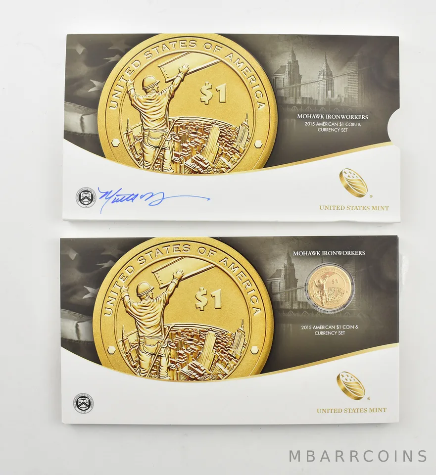 2015 American $1 Coin & Currency Set Mohawk Ironworkers Hand Sign US Mint *2271
