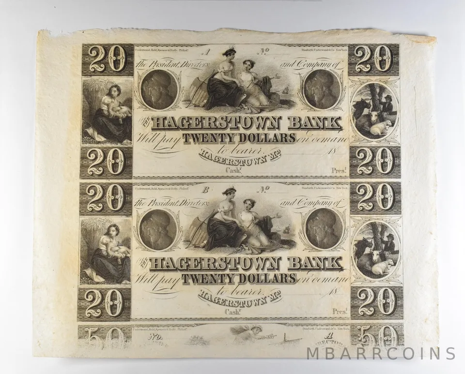 Lot (2) 1800s $20 Hagerstown MD Bank Obsolete Note Uncut *8707