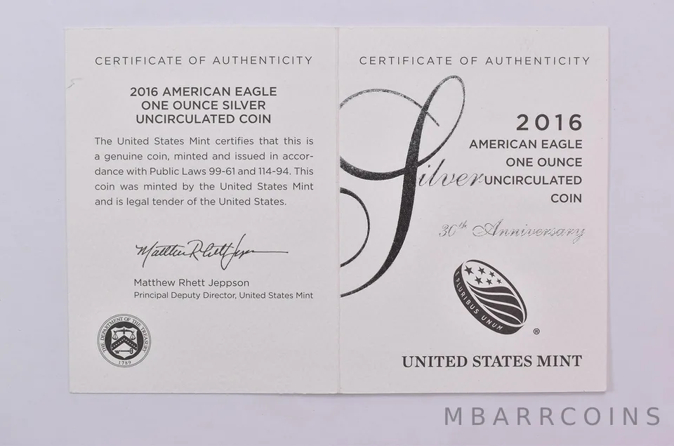 COA 2016-W Burnished Silver Eagle