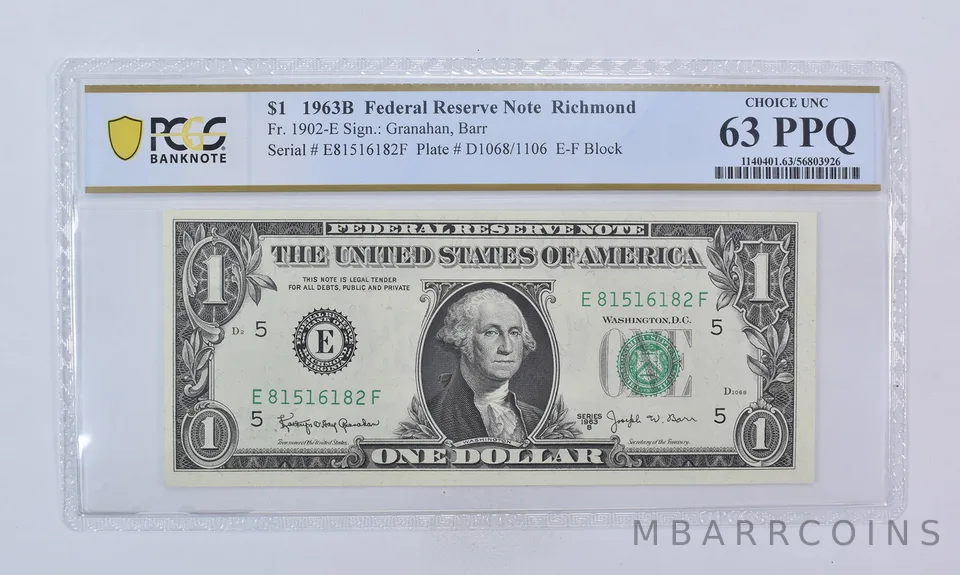 1963 B $1 Richmond VA FRN Fr#1902-E Choice Unc 63 PPQ PCGS Barr