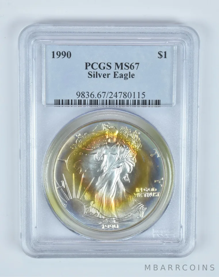 MS67 1990 American Silver Eagle PCGS Insane Old PCI Target Toning a0641