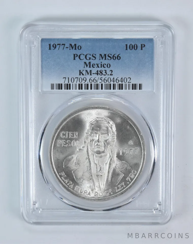 1977 Mo Mexico 100 Pesos Silver KM-483.2 MS66 PCGS Blue Label