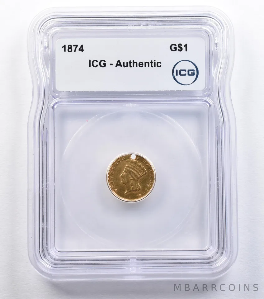 1874 $1 Indian Princess Head Gold Dollar Authentic ICG *2193