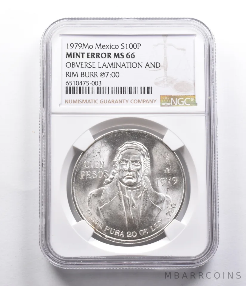 MS66Error 1979 Mo Mexico 100 Silver Pesos OBV Lamination & Rim Burr @7 NGC *4079
