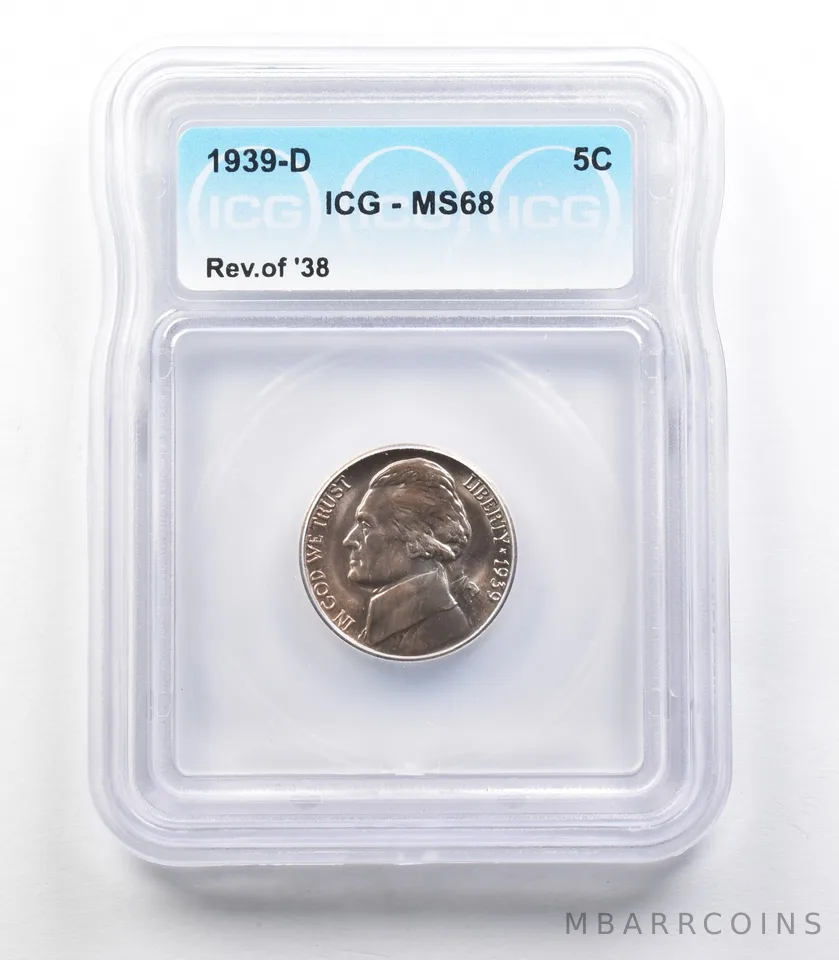1939-D Reverse Of 38 Jefferson Nickel MS68 ICG a3447
