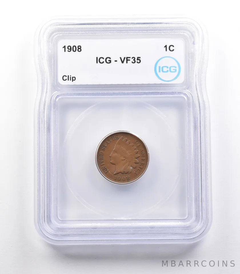 1908 Indian Head Cent Mint Error Clip VF35 ICG a2319