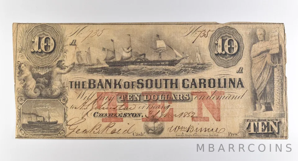 1852 $10 Charleston SC Bank Of South Carolina Obsolete Note *3842