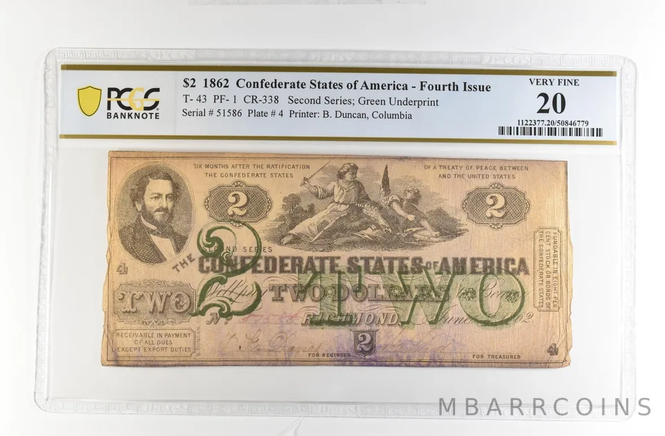 1862 $2 Confederate States America Large Note T-43 PF-1 CR-338 VF 20 PCGS *4181