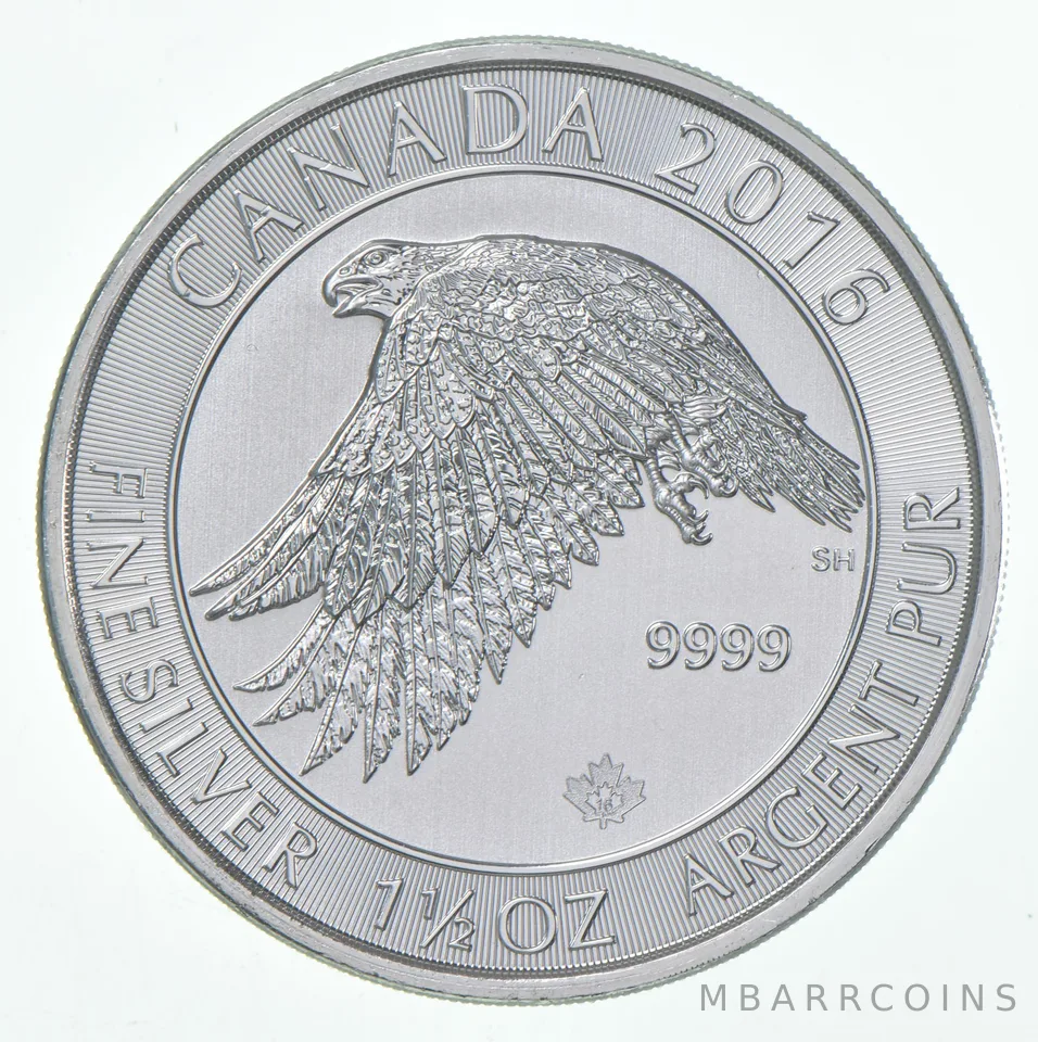 2016 Canada 8 Dollars Silver Snow Falcon 1.5 Oz 1 1/2 Oz Silver