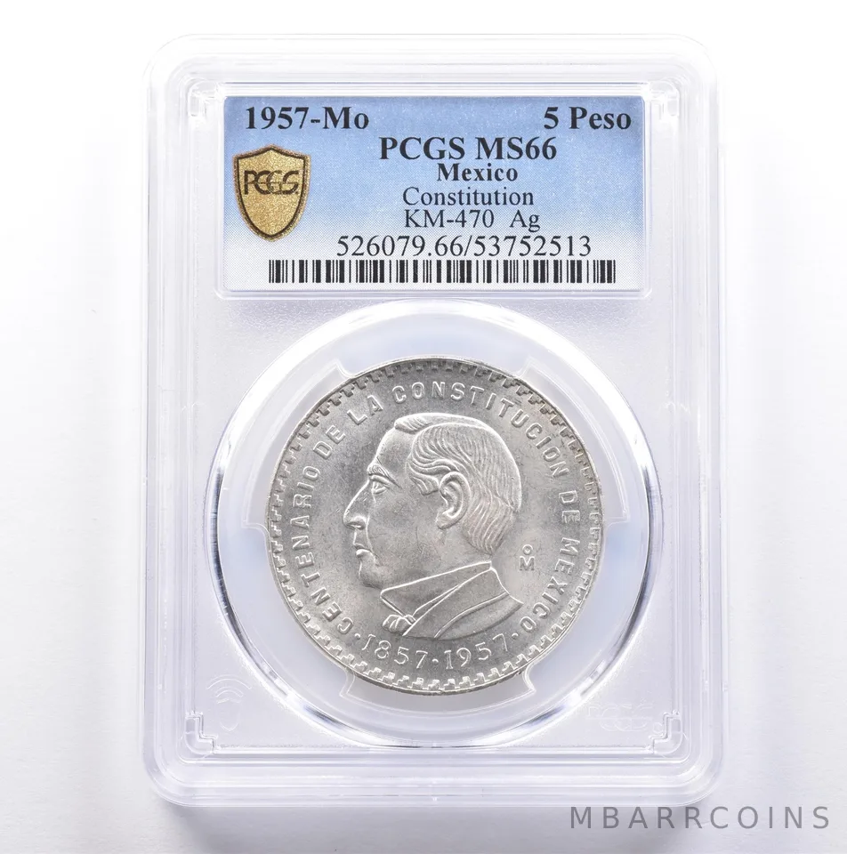 1957 Mo Mexico 5 Pesos Silver Constitution KM-470 MS66 PCGS *9055