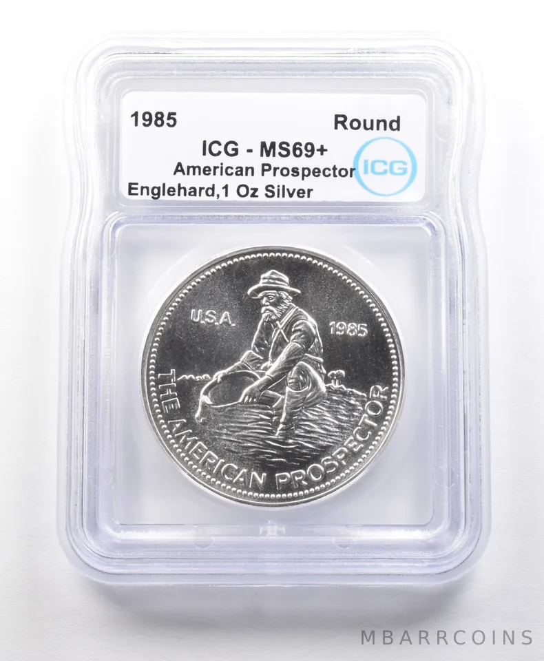 1985 1 Oz Silver Round American Prospector Engelhard MS69+ ICG *5622