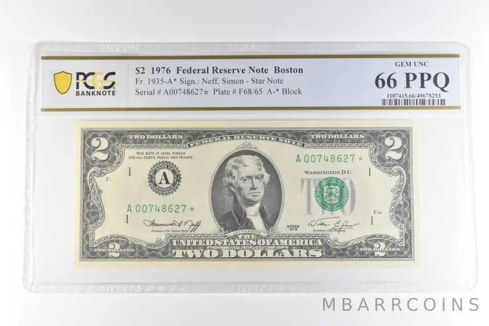 1976 $2 Boston MA FRN Fr#1935-A* Star Note Gem Unc 66 PPQ PCGS *0658