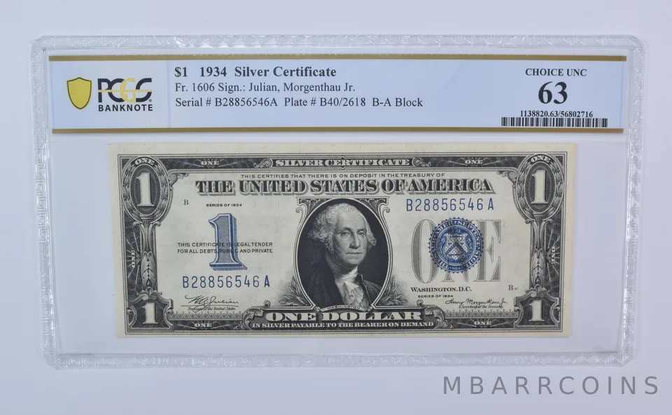 1934 $1 Silver Certificate Fr#1606 Blue Seal Choice Unc 63 PCGS *8098