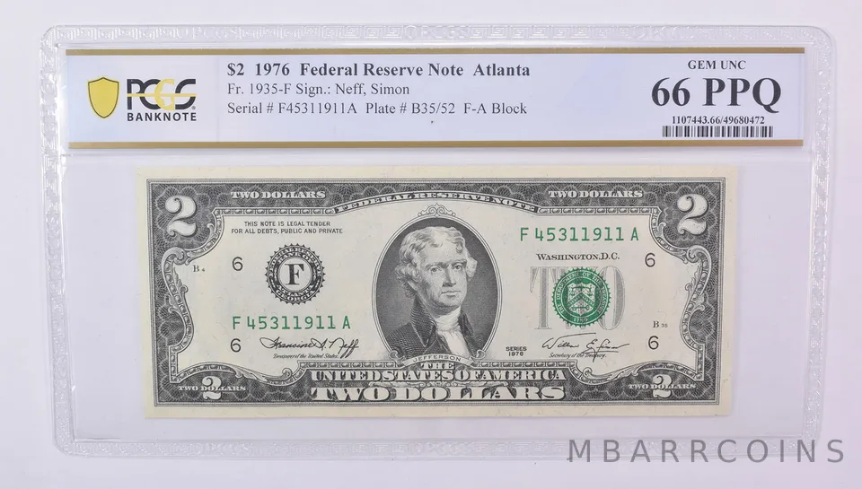 $2 1976 Atlanta GA FRN Fr#1935-F Gem Unc 66 PPQ PCGS