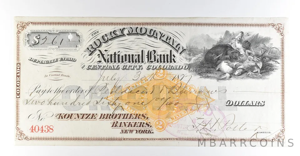 1870s Central City CO Rocky Mountain National Bank Check $261 *8441