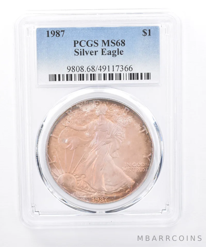 1987 American Silver Eagle MS68 PCGS Purple/Orange Tone *8418