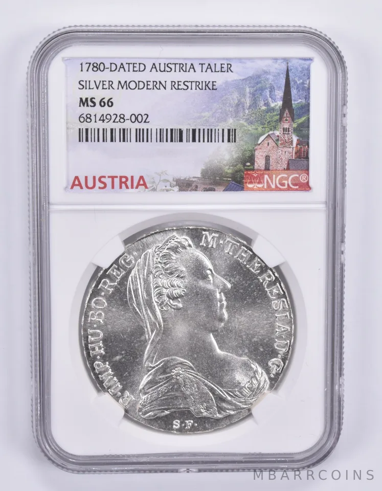 1780-Dated Austria Taler Silver Modern Restrike MS66 NGC