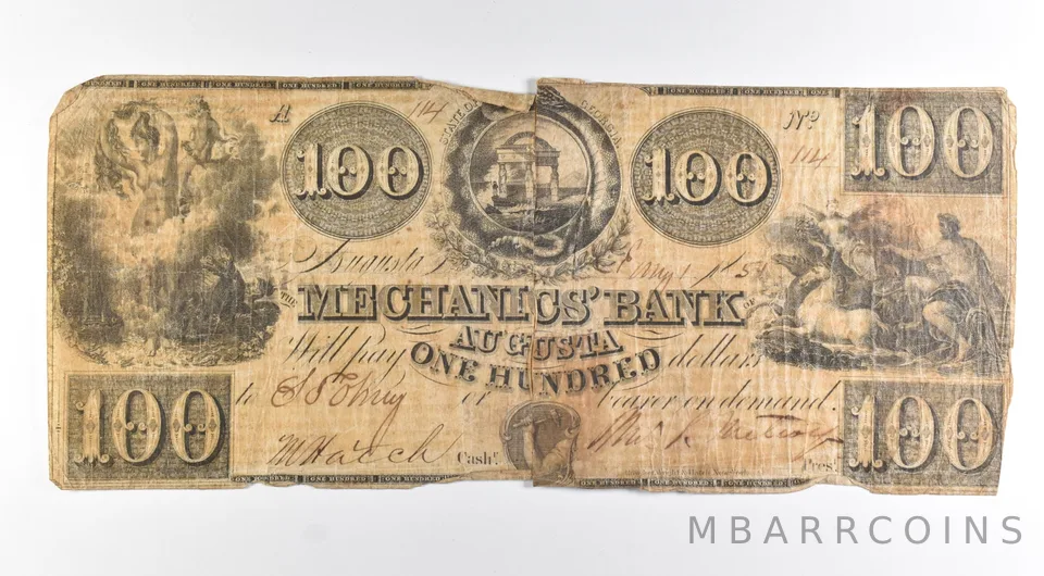 (1851) $100 Augusta GA Mechanics' Bank Note Large Note *8473