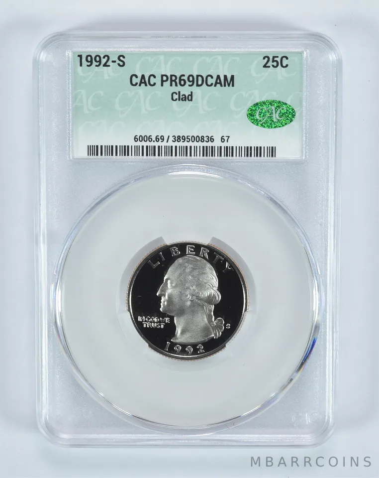 1992-S Washington Quarter CLAD PR69 DCAM CAC CACg