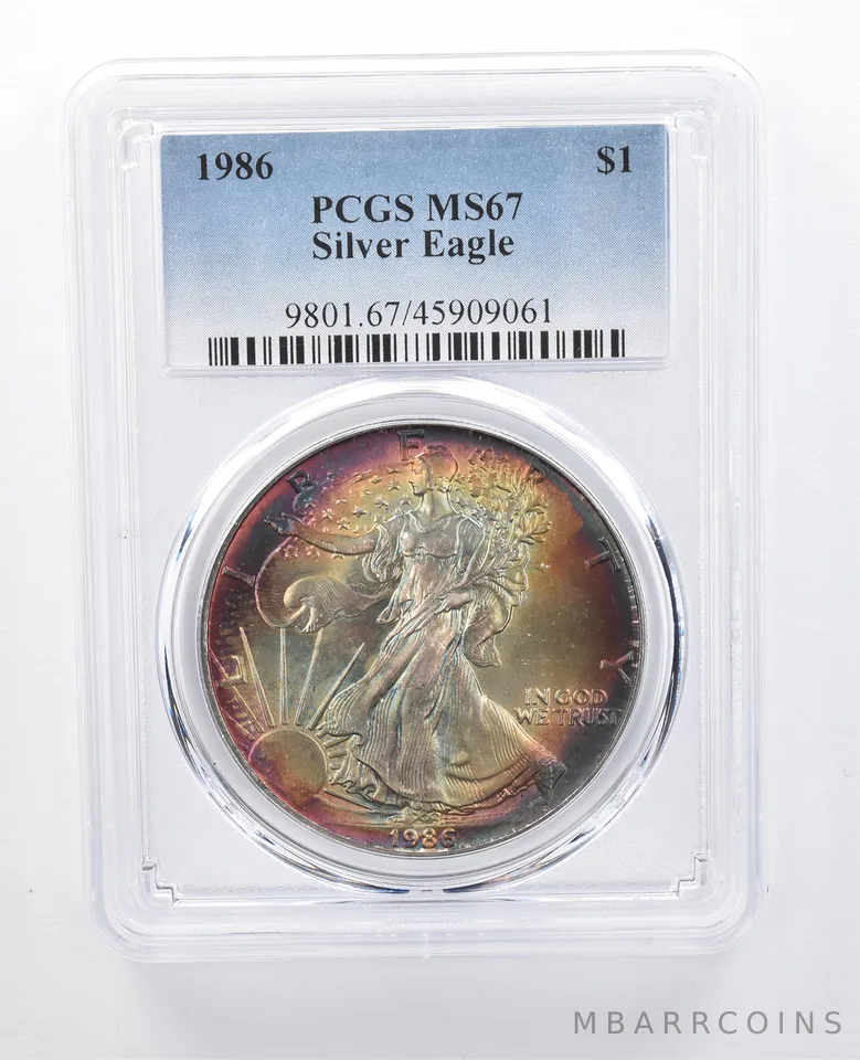 1986 American Silver Eagle MS67 PCGS Rainbow Tone *8007
