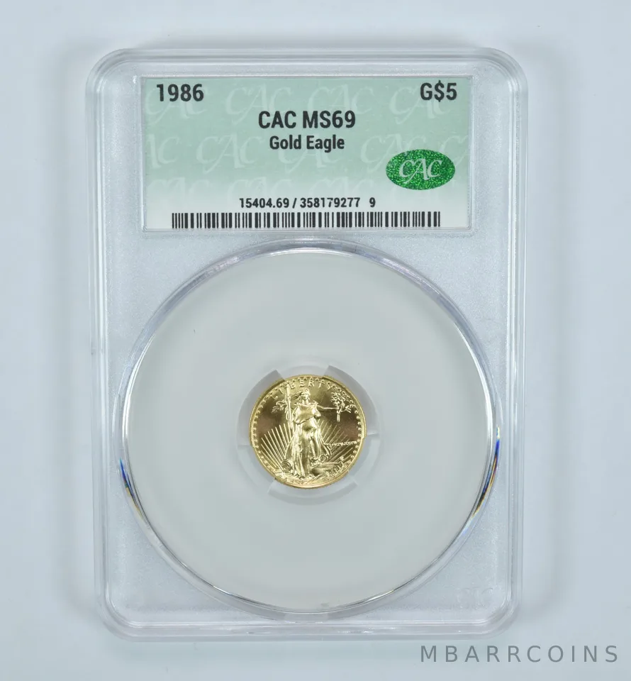 1986 $5 American Gold Eagle 1/10 Oz 0.1 Oz Gold MS69 CAC CACg