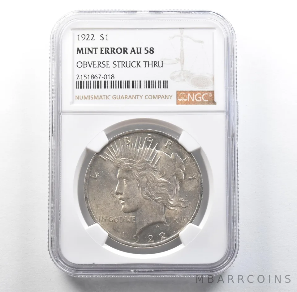 1922 Peace Silver Dollar Mint Error Obverse Struck Thru AU58 NGC *3142