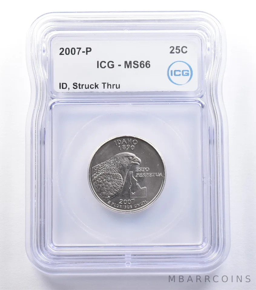 2007-P Washington State Quarter Idaho Mint Error Struck Thru MS66 ICG *9594