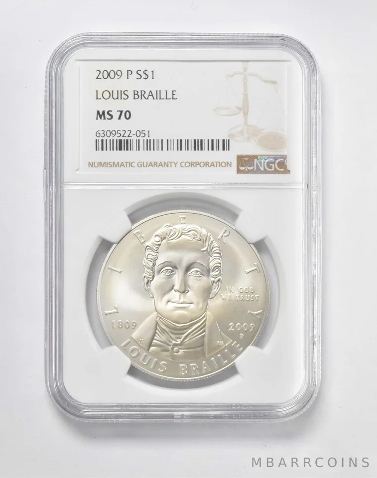 2009 P Louis Braille Commemorative $1 MS70 NGC Brown Label