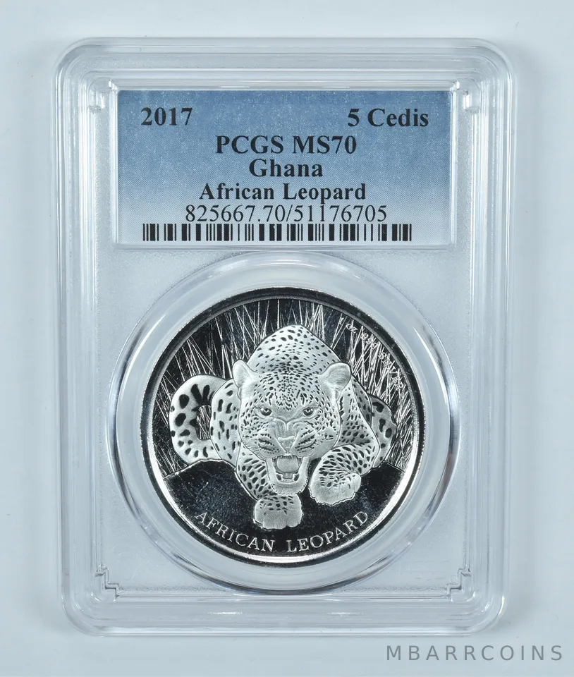 2017 Ghana 5 Cedis Silver African Leopard MS70 PCGS