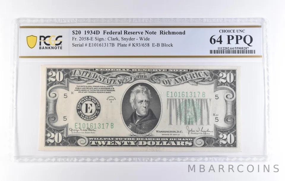 1934 D $20 Richmond VA FRN Fr#2058-E Wide Choice Unc 64 PPQ PCGS *8248
