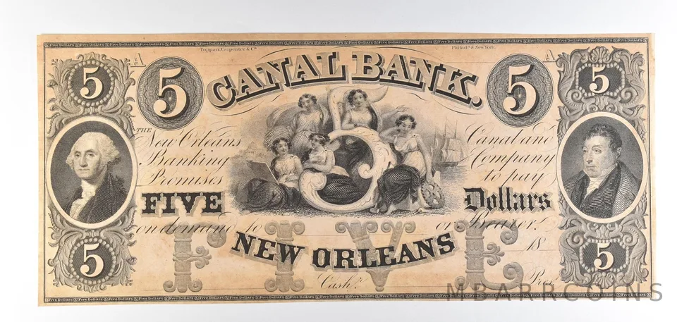 1800s $5 New Orlean LA Canal Bank Obsolete Note *8855