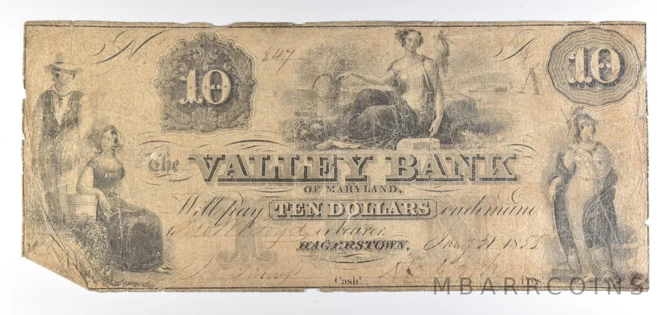 1855 $10 Hagerstown MD Valley Bank Obsolete Note *8518