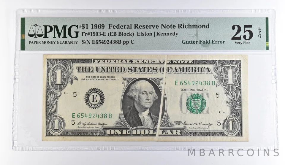 1969 $1 Richmond VA FRN Gutter Fold Error Fr#1903-E VF 25 EPQ PMG *9509