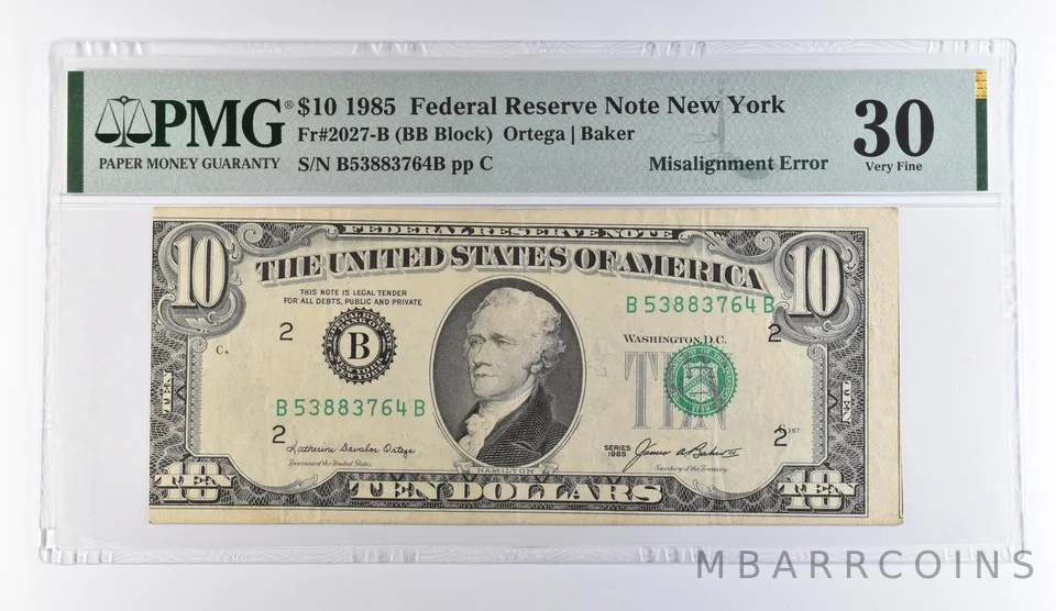 1985 $10 New York NY FRN Misalign Error Fr#2027-B VF 30 PMG *9456