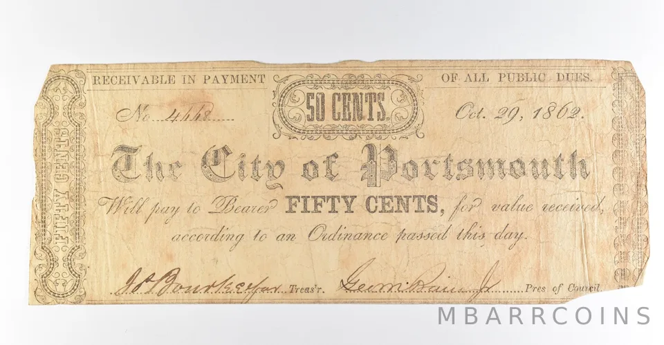 1862 50 Cents Portsmouth NH Obsolete Note *8469