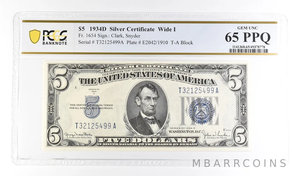 1934 D $5 Silver Certificate Wide I Fr#1654 Gem Unc 65 PPQ PCGS a2840