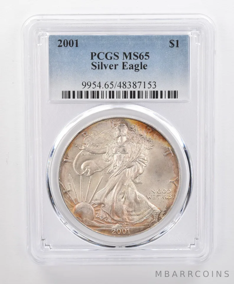 MS65 2001 American Silver Eagle PCGS Beautifully Toned Yellow/Red Hues a0192