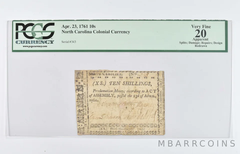 1761 10 Shillings North Carolina Colonial Currency PCGS 20 Very Fine *8056