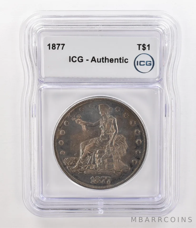 1877 Seated Liberty Trade Dollar Authentic ICG Beautiful Tone *4760
