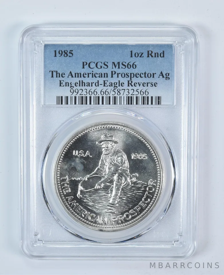 1985 Engelhard Prospector 1 Oz Silver Round Eagle Reverse MS66 PCGS