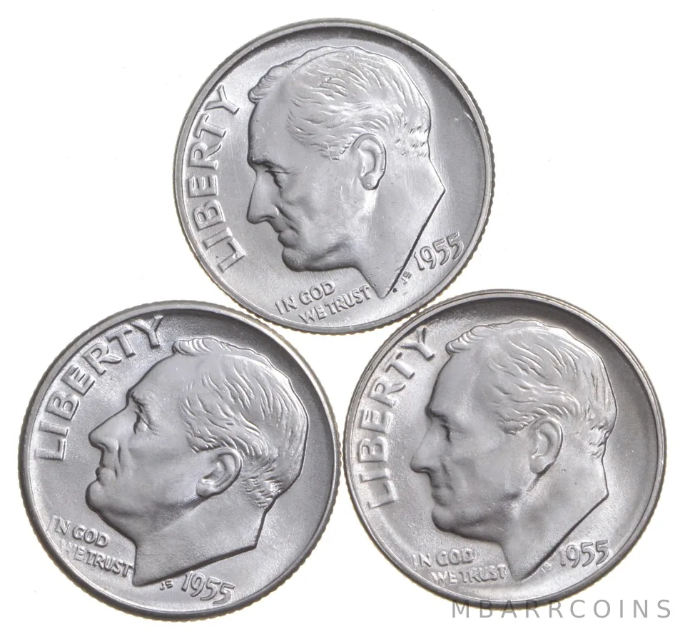 Choice Unc 1955 P+D+S Roosevelt Dime Gem BU Collection Lot Set