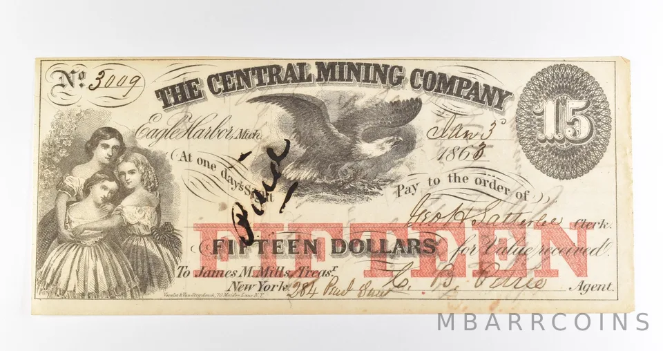1863 $15 Eagle Harbor MI Central Mining Company Obsolete Note *3912