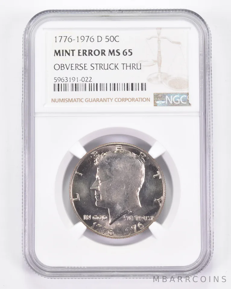 Mint Error MS65 1776-1976-D Kennedy Half Dollar - OBV Struck Thru NGC a8847