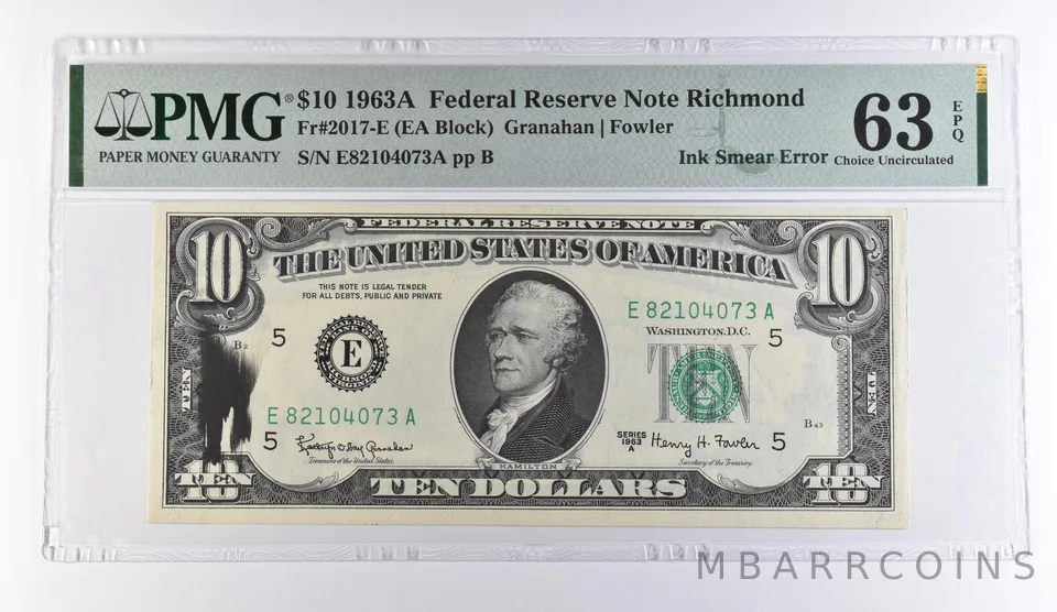 1963 A $10 Richmond VA FRN Ink Smear Error Fr#2017-E Choice Unc 63 EPQ PMG *9439